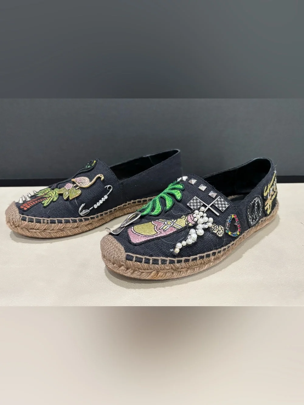 Marc Jacobs Espadrilles Embellished Black Canvas Size 35, 80s Retro Style Summer